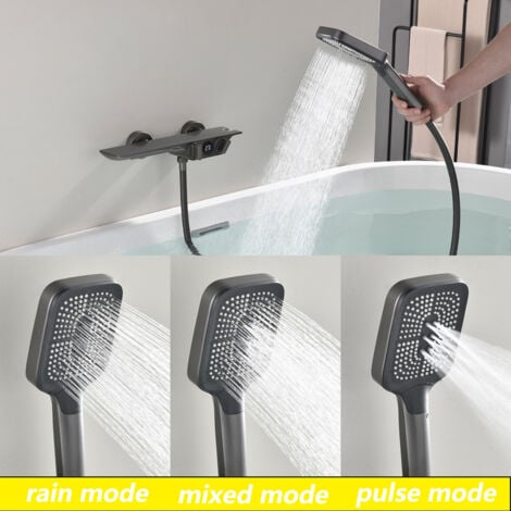 Rubinetti Vasca con Cascata, Rubinetto Vasca da Bagno Con Display Della Temperatura, Rubinetto Doccia in Ottone, Miscelatore per Vasca da Bagno con 3 Funzioni Doccetta (Grigio)