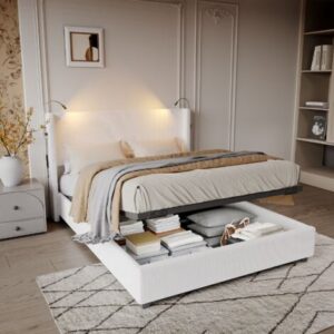 Letto contenitore 140×200 cm, velluto a coste, testiera con 2 luci di lettura e porte USB, giroletto, contenitore, rete a doghe, letto matrimoniale in stile scandinavo – Beige