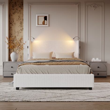 Letto contenitore 140x200 cm, velluto a coste, testiera con 2 luci di lettura e porte USB, giroletto, contenitore, rete a doghe, letto matrimoniale in stile scandinavo - Beige