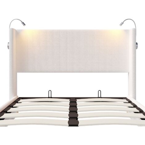 Letto contenitore 140x200 cm, velluto a coste, testiera con 2 luci di lettura e porte USB, giroletto, contenitore, rete a doghe, letto matrimoniale in stile scandinavo - Beige