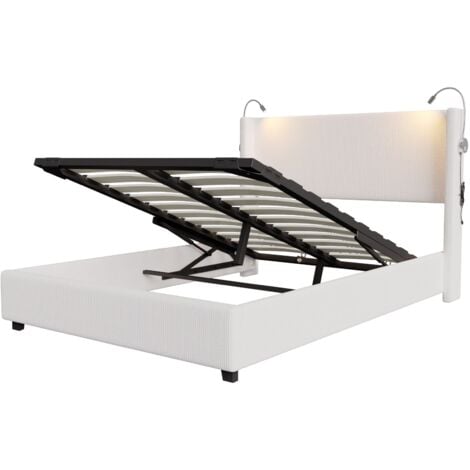 Letto contenitore 140x200 cm, velluto a coste, testiera con 2 luci di lettura e porte USB, giroletto, contenitore, rete a doghe, letto matrimoniale in stile scandinavo - Beige