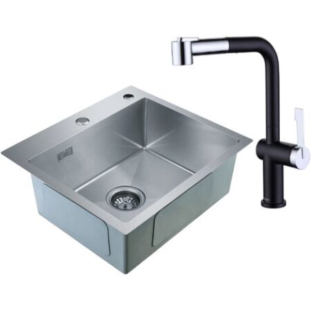 CECIPA 2 en 1 Lavelli da Cucina Trafilatura in Acciaio Inox 50 x 45 x 18.5 cm, Senza distributore di sapone + Rubinetto Cucina Estraibile Colore Misto(Nero + Galvanico)