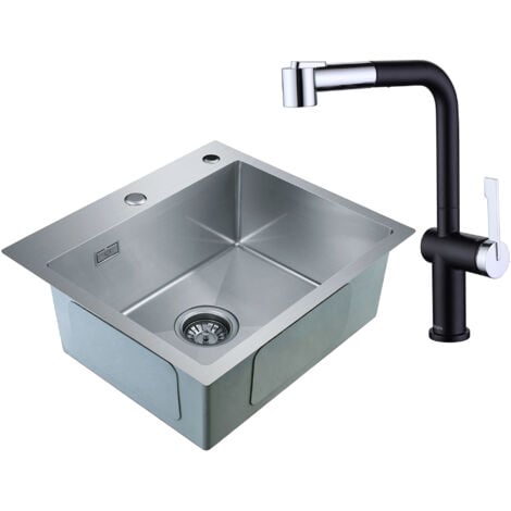 CECIPA 2 en 1 Lavelli da Cucina Trafilatura in Acciaio Inox 50 x 45 x 18.5 cm, Senza distributore di sapone + Rubinetto Cucina Estraibile Colore Misto(Nero + Galvanico)