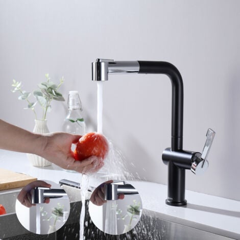CECIPA 2 en 1 Lavelli da Cucina Trafilatura in Acciaio Inox 50 x 45 x 18.5 cm, Senza distributore di sapone + Rubinetto Cucina Estraibile Colore Misto(Nero + Galvanico)
