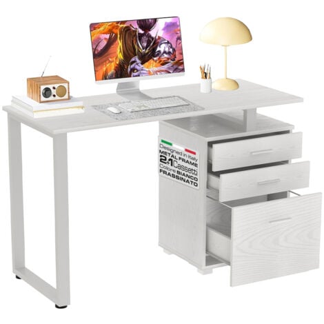 Scrivania Cassettiera Tavolo Porta Pc Computer Acciaio Legno Bianco Frassinato