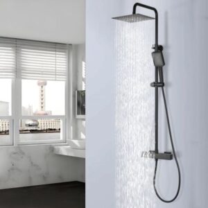 DETBOM Colonna Doccia Termostatica Sistema Doccia Nero Set Doccia Regolabile in Altezza con Miscelatore Termostatico per Bagno Soffione Doccia a Pioggia Quadrato