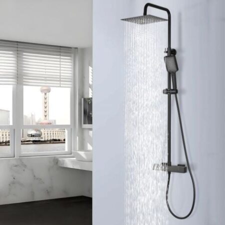 DETBOM Colonna Doccia Termostatica Sistema Doccia Nero Set Doccia Regolabile in Altezza con Miscelatore Termostatico per Bagno Soffione Doccia a Pioggia Quadrato