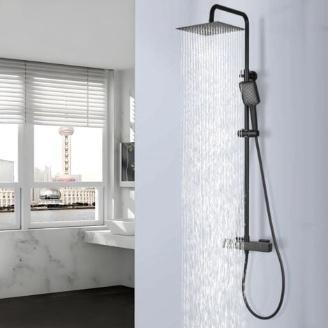 DETBOM Colonna Doccia Termostatica Sistema Doccia Nero Set Doccia Regolabile in Altezza con Miscelatore Termostatico per Bagno Soffione Doccia a Pioggia Quadrato