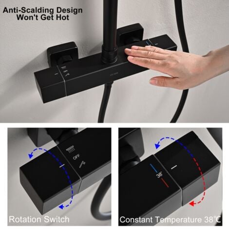 DETBOM Colonna Doccia Termostatica Sistema Doccia Nero Set Doccia Regolabile in Altezza con Miscelatore Termostatico per Bagno Soffione Doccia a Pioggia Quadrato