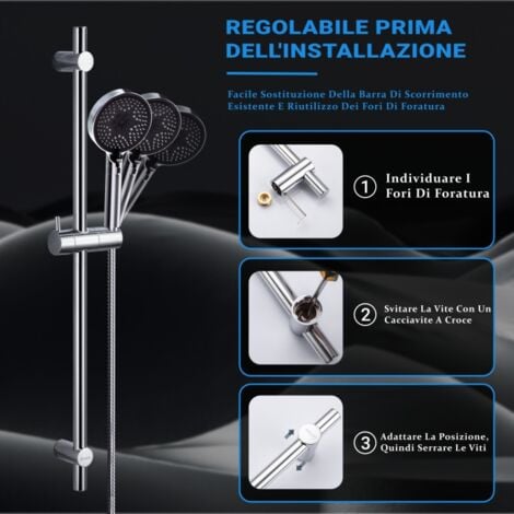 DETBOM Barra Doccia con Doccetta Manuale con Supporto per Soffione Doccia a 3 Getti e Tubo Flessibile Set Doccia Regolabile Sistema Doccia in Acciaio Inox Cromato