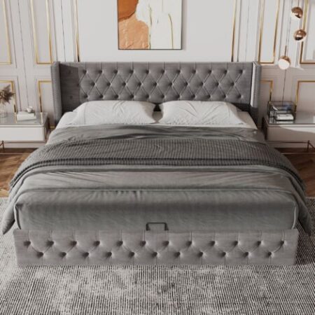Letto contenitore 140x200 cm, letto matrimoniale imbottito con contenitore idraulico, rete in tessuto non tessuto impermeabile nero, grigio, senza materasso