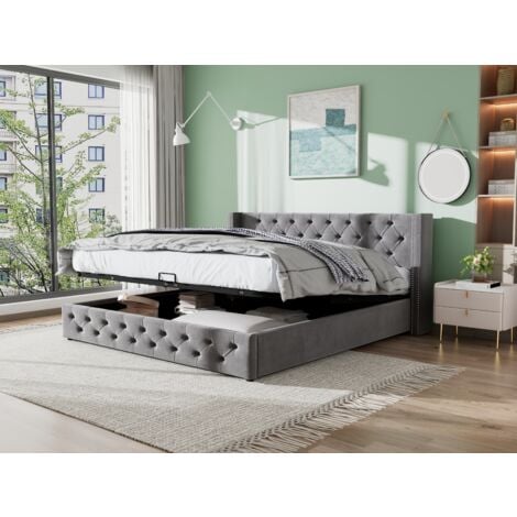 Letto contenitore 140x200 cm, letto matrimoniale imbottito con contenitore idraulico, rete in tessuto non tessuto impermeabile nero, grigio, senza materasso