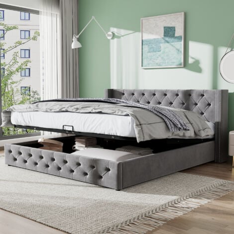 Letto contenitore 140x200 cm, letto matrimoniale imbottito con contenitore idraulico, rete in tessuto non tessuto impermeabile nero, grigio, senza materasso
