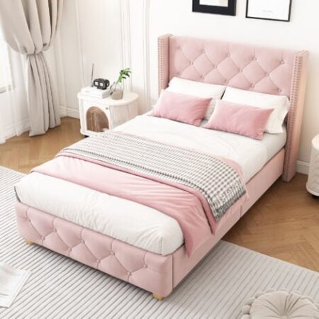 Letto singolo imbottito per adulti 90 x 200 cm con testiera imbottita con bottoni e rivetti e rete a doghe, piedini in legno, velluto, rosa, senza materasso