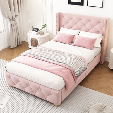 Letto singolo imbottito per adulti 90 x 200 cm con testiera imbottita con bottoni e rivetti e rete a doghe, piedini in legno, velluto, rosa, senza materasso