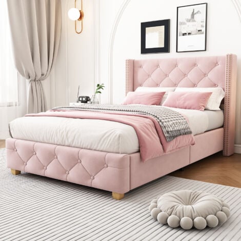 Letto singolo imbottito per adulti 90 x 200 cm con testiera imbottita con bottoni e rivetti e rete a doghe, piedini in legno, velluto, rosa, senza materasso