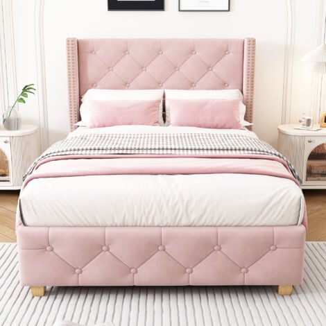 Letto singolo imbottito per adulti 90 x 200 cm con testiera imbottita con bottoni e rivetti e rete a doghe, piedini in legno, velluto, rosa, senza materasso