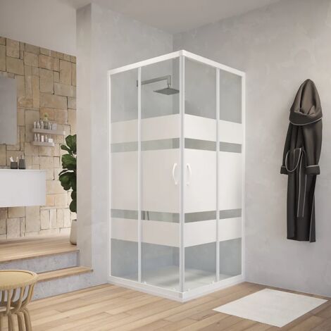 Box Doccia Scorrevole 80x80 cm Profili in Alluminio Bianco Vetro 4mm Serigrafato h185 - Reversibile Mod. Grenada