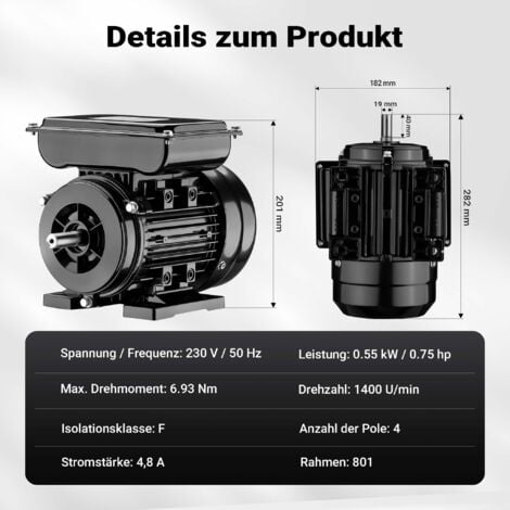 Wiltec Motore elettrico asincrono monofase, 1400 giri/min, 230 volt, 0,55 kw, 3/4 CV, IP44, classe F