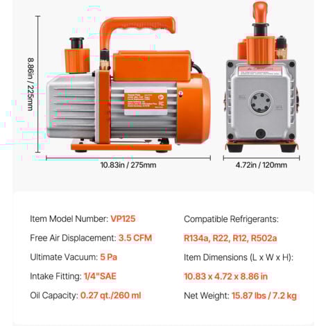 Mophorn Pompa per vuoto 3,5 CFM AC, palette rotanti monostadio, set di manometri per R134a R12 R22 R502a, kit di refrigerazione HVAC con tubi flessibili