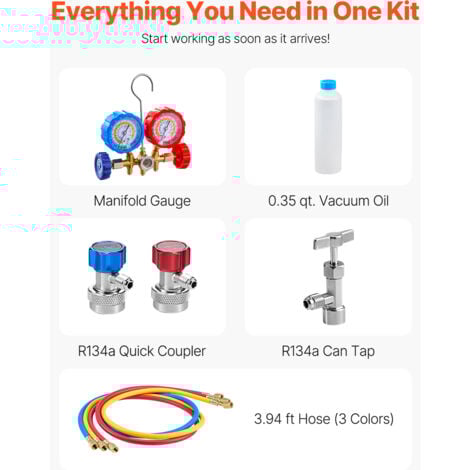 Mophorn Pompa per vuoto 3,5 CFM AC, palette rotanti monostadio, set di manometri per R134a R12 R22 R502a, kit di refrigerazione HVAC con tubi flessibili