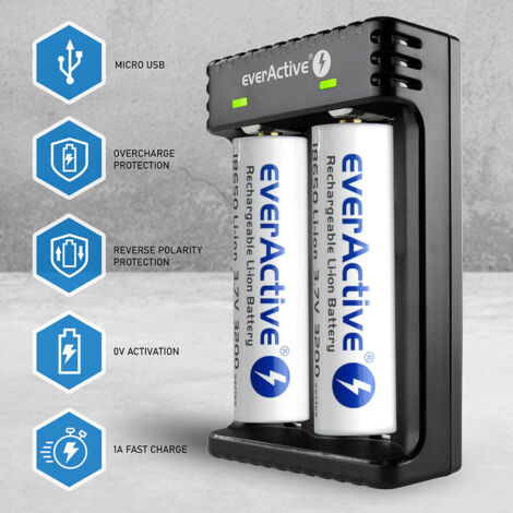 everActive Caricabatterie per 2 batterie dedede Lithium Ion 18650 Professional Fast Micro USB Modello LC-200, Nero