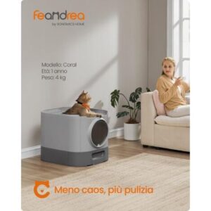Feandrea Lettiera per Gatti Chiusa, Toilette per Gatti XXL, con Coperchio, Vassoio Estraibile, Paletta, Spazzola, per Gatti di Diverse Taglie, Meno Tracce, Grigio Tortora e Grigio Ardesia