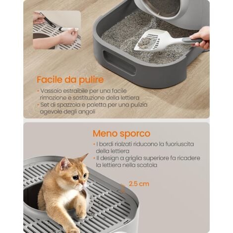 Feandrea Lettiera per Gatti Chiusa, Toilette per Gatti XXL, con Coperchio, Vassoio Estraibile, Paletta, Spazzola, per Gatti di Diverse Taglie, Meno Tracce, Grigio Tortora e Grigio Ardesia