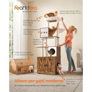 Feandrea Albero per Gatti Moderno, Tiragraffi con Mobile per Lettiera, 185 cm, Condominio per Gatti, Graffiatoi, Trespolo, Cuscini Lavabili, Marrone Vintage