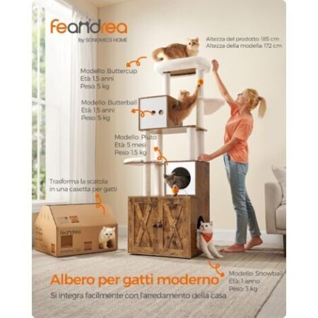 Feandrea Albero per Gatti Moderno, Tiragraffi con Mobile per Lettiera, 185 cm, Condominio per Gatti, Graffiatoi, Trespolo, Cuscini Lavabili, Marrone Vintage