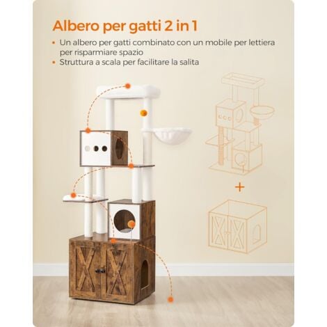 Feandrea Albero per Gatti Moderno, Tiragraffi con Mobile per Lettiera, 185 cm, Condominio per Gatti, Graffiatoi, Trespolo, Cuscini Lavabili, Marrone Vintage