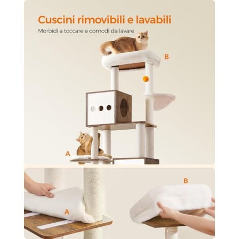 Feandrea Albero per Gatti Moderno, Tiragraffi con Mobile per Lettiera, 185 cm, Condominio per Gatti, Graffiatoi, Trespolo, Cuscini Lavabili, Marrone Vintage