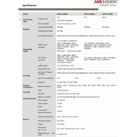 NVR 16 CANALI HIKVISION 8.0 MPX ONVIF VIDEOSOEVEGLIANZA H.265 4K HD P2P HWN-4116MH