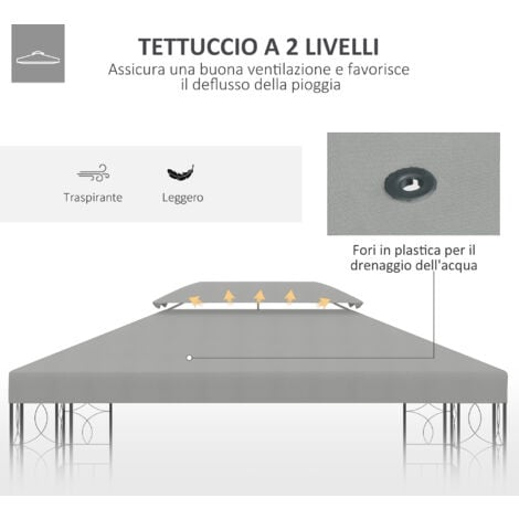 Outsunny Tetto per Gazebo 4x3 m a 2 Livelli in Poliestere Grigio Chiaro