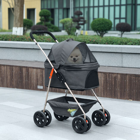 PawHut Passeggino Pieghevole per Cani 3 in 1 con Trasportino e Cestino Grigio