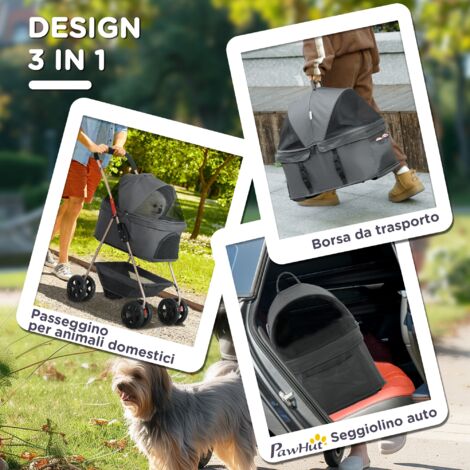 PawHut Passeggino Pieghevole per Cani 3 in 1 con Trasportino e Cestino Grigio