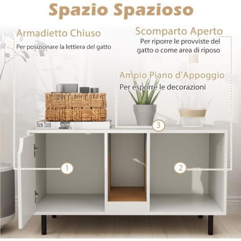COSTWAY Lettiera Nascosto per 2 Gatti, Mobile Laterale Moderno in Legno con Pannello Grattugia Rimovibile, Gambe in Metallo e Casa per Gatti a 2 Stanze, Tavolino per Animali Domestici, Bianco