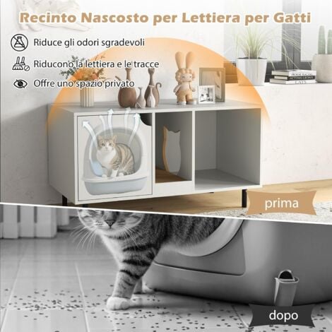 COSTWAY Lettiera Nascosto per 2 Gatti, Mobile Laterale Moderno in Legno con Pannello Grattugia Rimovibile, Gambe in Metallo e Casa per Gatti a 2 Stanze, Tavolino per Animali Domestici, Bianco