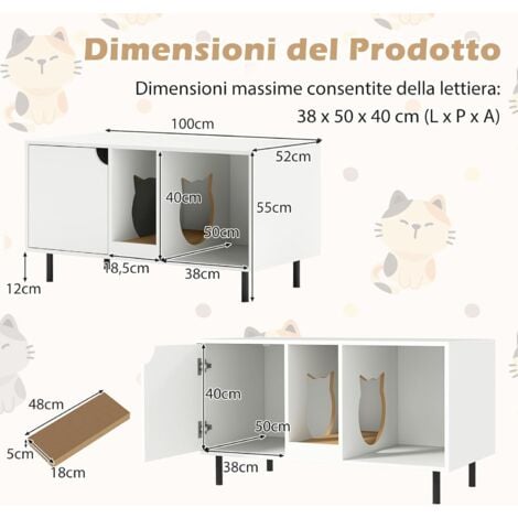COSTWAY Lettiera Nascosto per 2 Gatti, Mobile Laterale Moderno in Legno con Pannello Grattugia Rimovibile, Gambe in Metallo e Casa per Gatti a 2 Stanze, Tavolino per Animali Domestici, Bianco