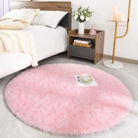 Tappeto rotondo per soggiorno, tappeto scendiletto peloso, morbido tappeto grande per camera da letto, tappeto decorativo in stile moderno per soggiorno, camera da letto, divano (rosa, Ø 100 cm rotond