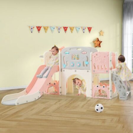 Scivolo per bambini 11 in 1 con supporto per basket, tunnel ad arco e telescopio, struttura per arrampicata, HDPE, rosa