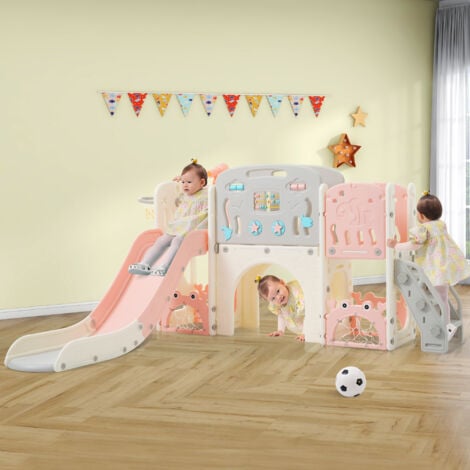Scivolo per bambini 11 in 1 con supporto per basket, tunnel ad arco e telescopio, struttura per arrampicata, HDPE, rosa