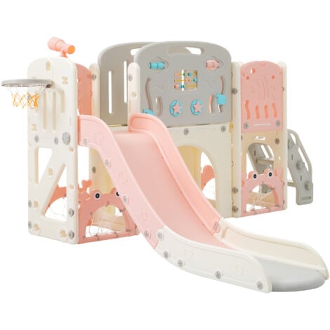 Scivolo per bambini 11 in 1 con supporto per basket, tunnel ad arco e telescopio, struttura per arrampicata, HDPE, rosa