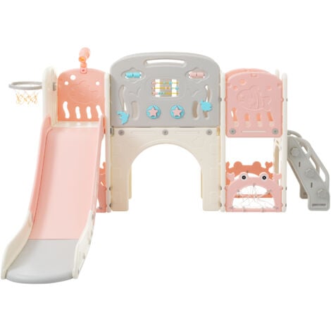 Scivolo per bambini 11 in 1 con supporto per basket, tunnel ad arco e telescopio, struttura per arrampicata, HDPE, rosa