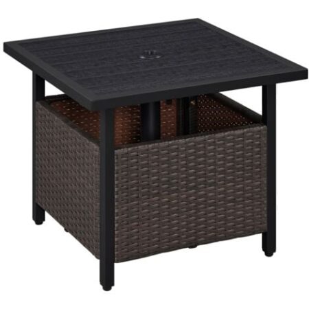 Yaheetech Tavolino da Giardino Quadrato in Rattan con Foro per Terrazza Bordo Piscina 59,5 x 58,5 x 15 cm Nero