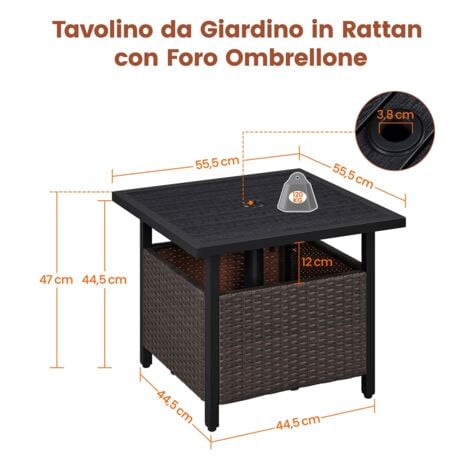 Yaheetech Tavolino da Giardino Quadrato in Rattan con Foro per Terrazza Bordo Piscina 59,5 x 58,5 x 15 cm Nero