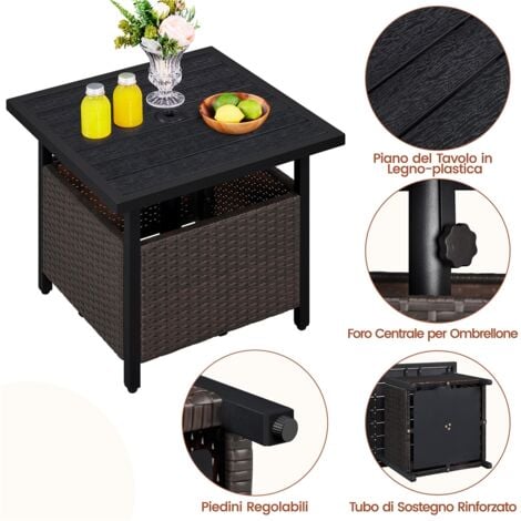 Yaheetech Tavolino da Giardino Quadrato in Rattan con Foro per Terrazza Bordo Piscina 59,5 x 58,5 x 15 cm Nero