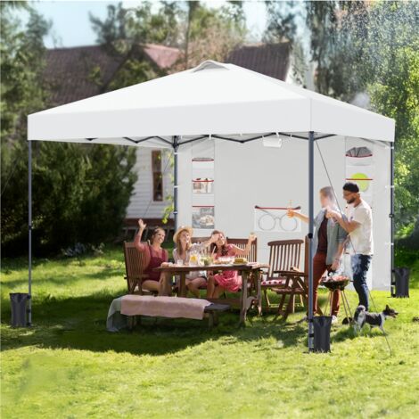 Yaheetech Gazebo da giardino a Una Spinta con 1 Parete Laterale Stabile 9 Tasche Portaoggetti Tenda Esterno Pop up Altezza Regolabile Impermeabile per Festa Eventi Bianco 254x254x266 cm