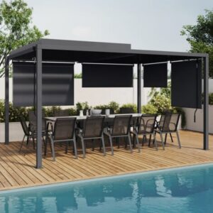 Pergola bioclimatica con lamelle orientabili in policarbonato 3x4M e 4 tende grigio antracite