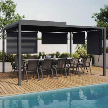 Pergola bioclimatica con lamelle orientabili in policarbonato 3x4M e 4 tende grigio antracite